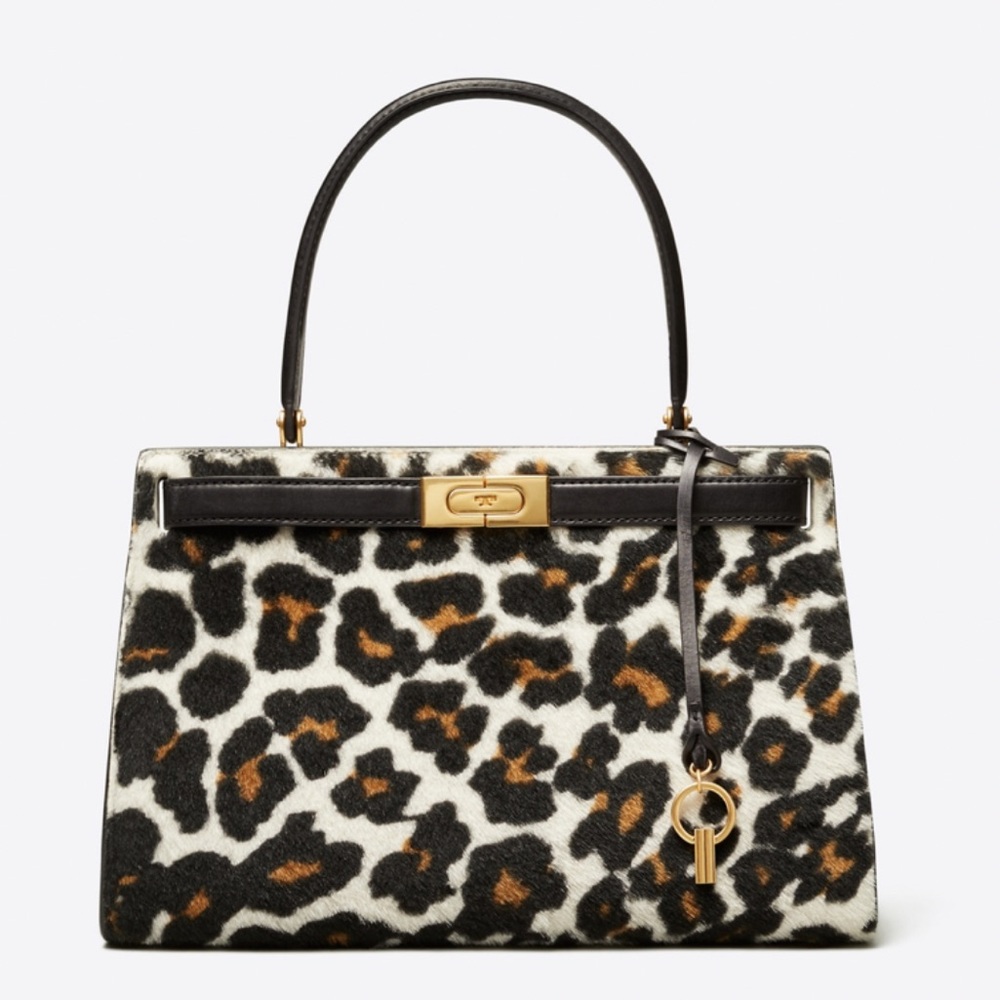 TORY BURCH LEE RADZIWILL SMALL LEATHER AND LEOPARD PRINT SHEARLING BAG
